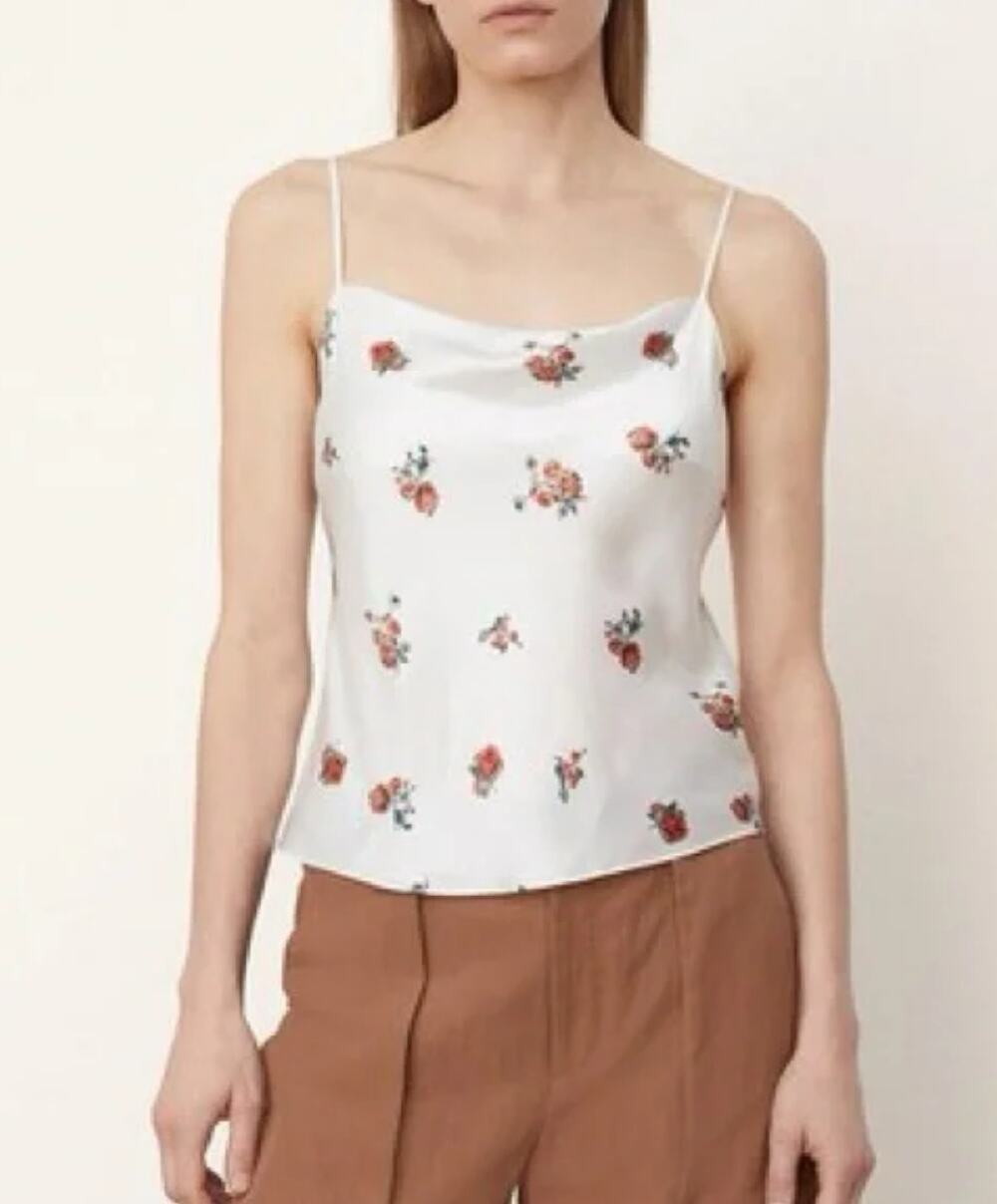 Vince Floral Camisole Tank 100% Silk White Ikat Flowers Medium